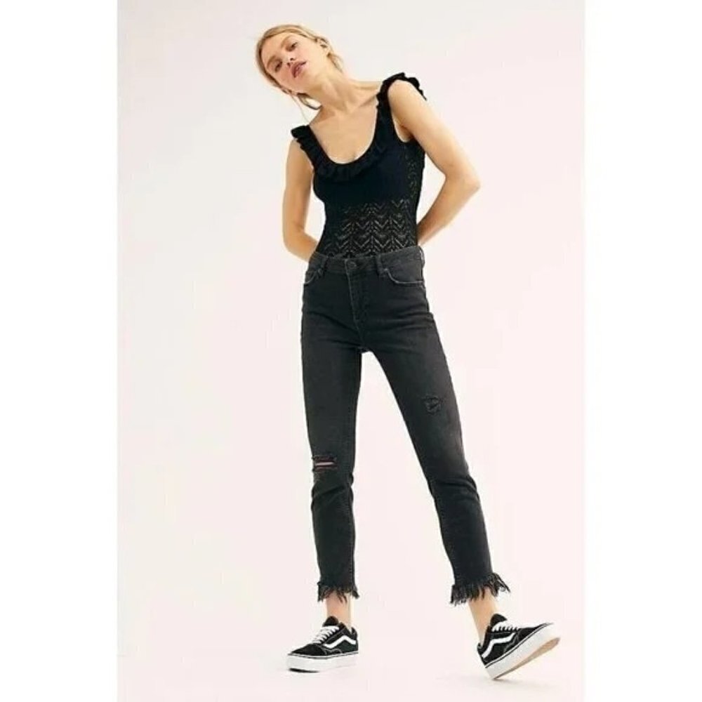 Free People Great Heights Black Frayed Distressed Skinny Jeans 31